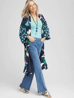 Chico's S/M Blue & Green Long Wildflower Open Front Kimono